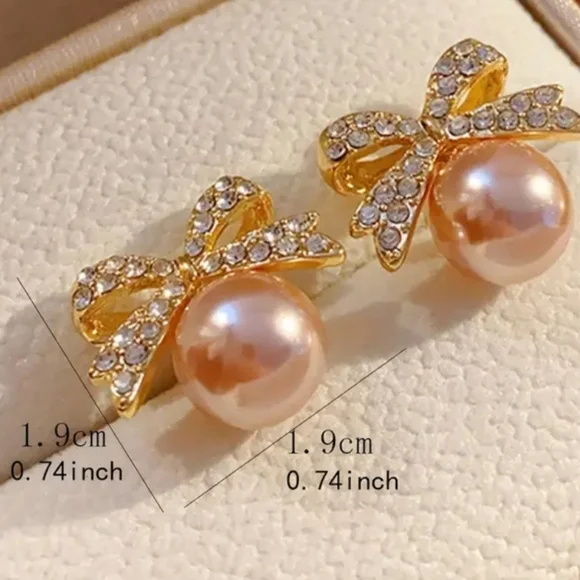 Pearl and Rhinestone Bow Stud Earrings Rose - Picture 4 of 5